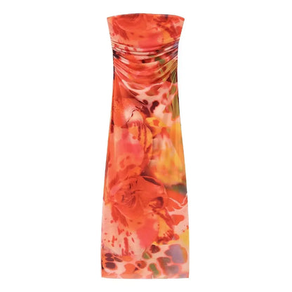 🍒Shoulderless corset dress long printed outfit for women ruched midi summer dress mesh bodycon fill Up On Full flower Fashion