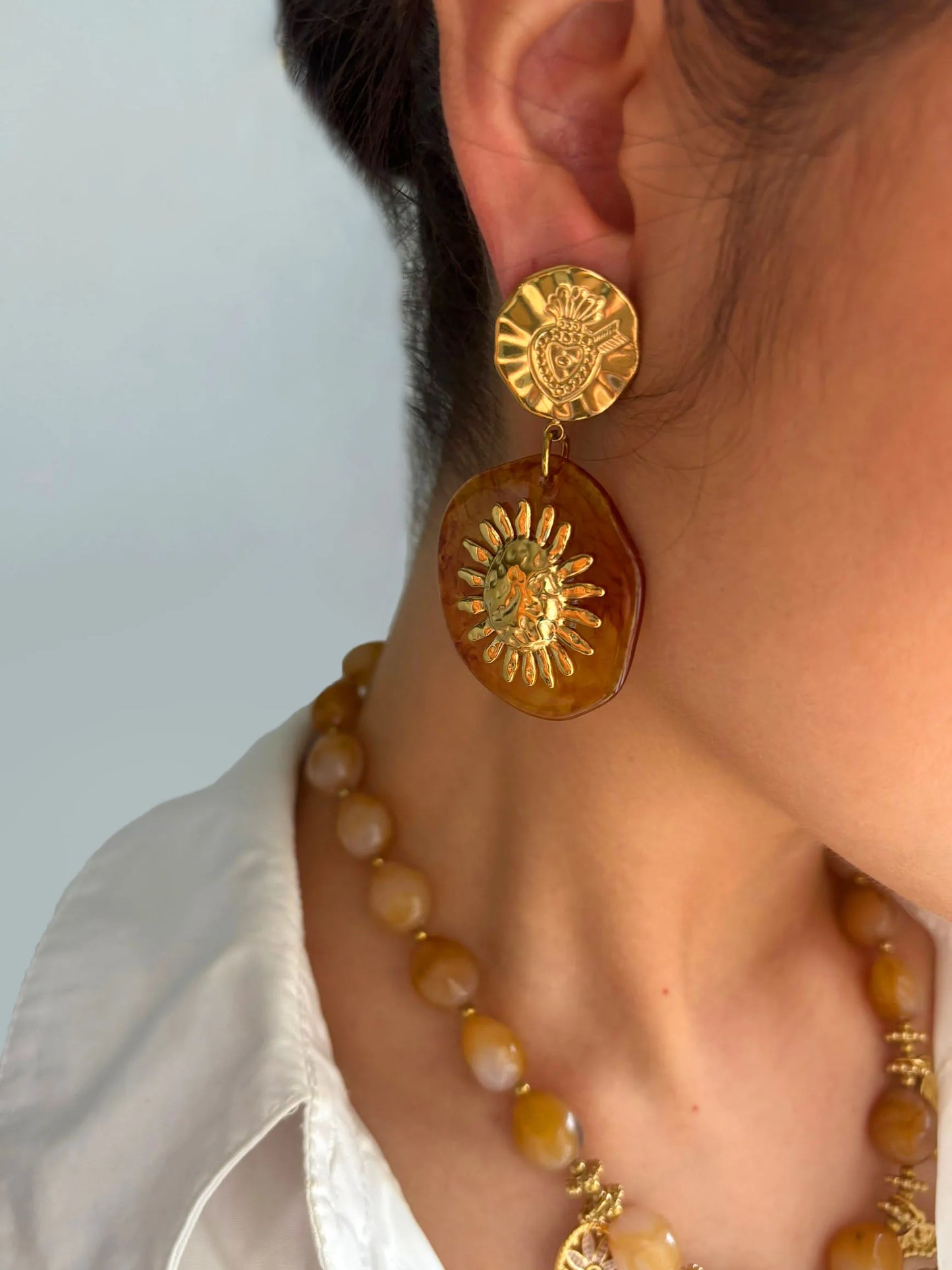 🍒 Vintage amber resin golden sun drop earrings for Women trendy stainless steel party earings daily jewellery Waterproof DROP in And STEEL The Attention