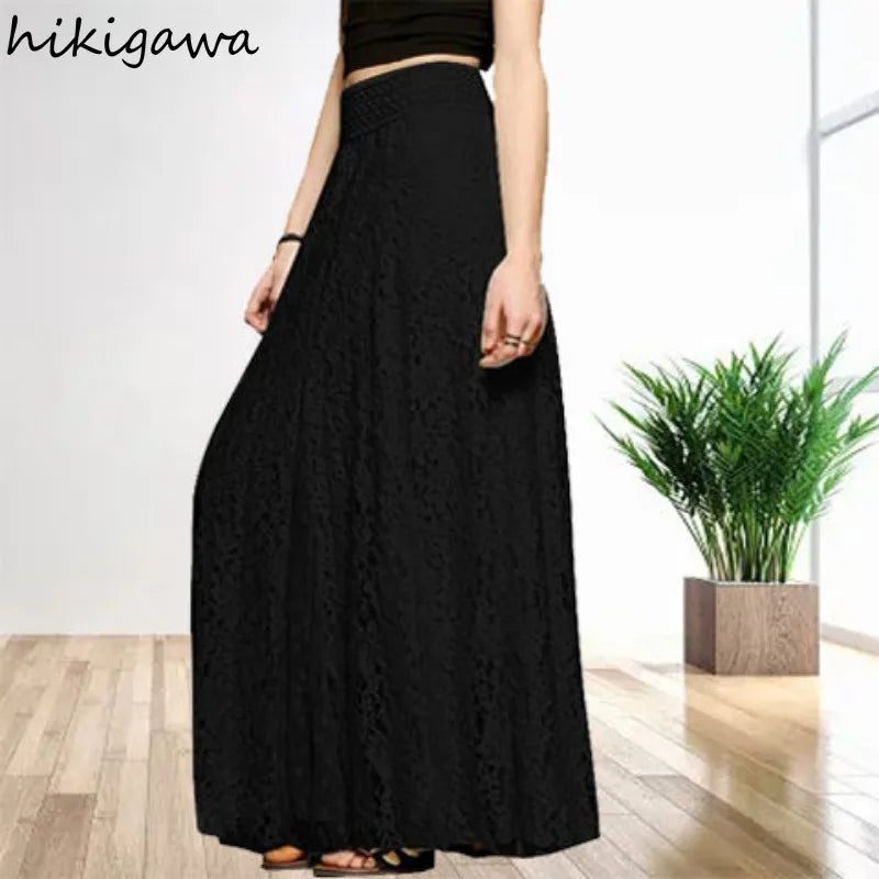 🍒Lace crochet skirts women clothes high waist solid colour skirt hollow out a-line long Skirt smart casual clothes maxi fashion skirt Maxi-mum Impact No Effort