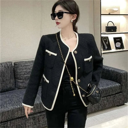 🍒Quilted lining jacket womens designer o-neck contrast tweed top Loose Fashion Versatile Coat Women Channel Likes This So Will You