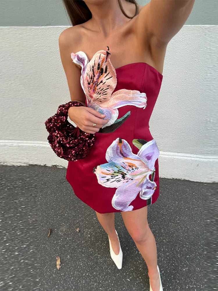 🍒Strapless flower print dress a-line high waist female floral fashion outfit occasion women sleeveless backless mini Have A- Bunch Of fun