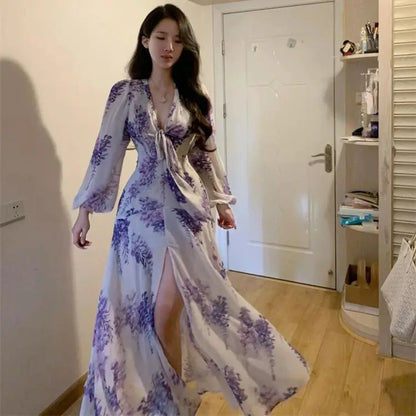 🍒Floral print sweet dresses Y2k aesthetic v-neck bodycon with puff sleeves a-line dress with front slit purple