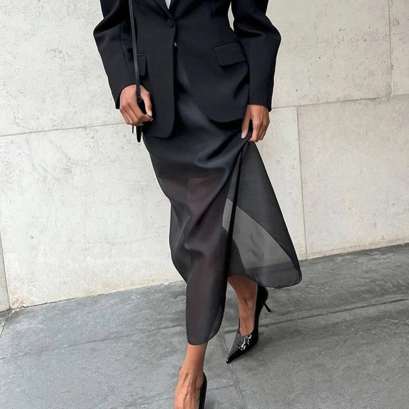 🍒Black mesh skirt long double-layer design perspective transparent maxi skirt high Waist slit hip loose female summer fashion party occasion wear Step In See Through