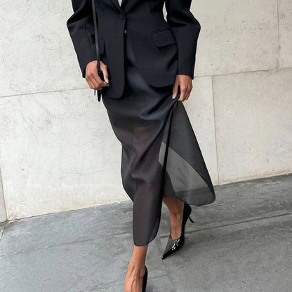 🍒Black mesh skirt long double-layer design perspective transparent maxi skirt high Waist slit hip loose female summer fashion party occasion wear Step In See Through