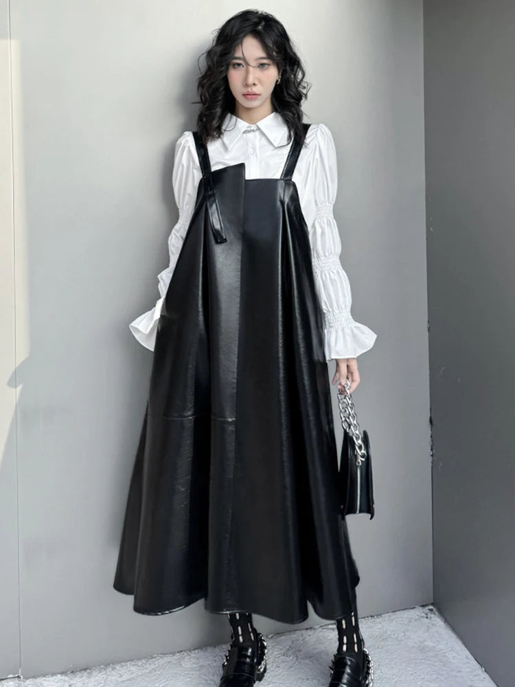 🍒Black faux leather dress big swing size midi spaghetti strap square neck outfit pu shiny with seeveless occasion party wear clothing smart casual women Black Swirly Pearl