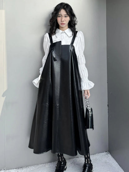 🍒Black faux leather dress big swing size midi spaghetti strap square neck outfit pu shiny with seeveless occasion party wear clothing smart casual women Black Swirly Pearl