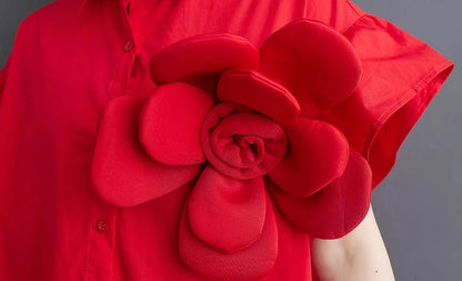 🍒Summer loose dress artistic high low ruffle trim outfit with 3D flower cotton blend office smart casual women mid-length a-Line Don’t Get Ruffled Pick A Flower And Ease lnto Summer