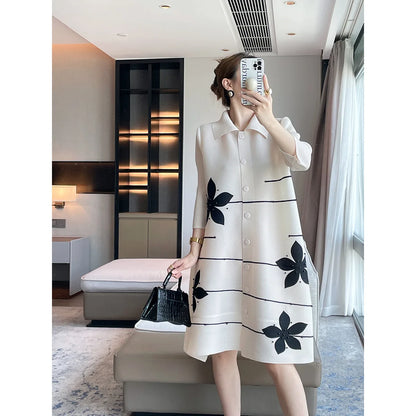 🍒Lapel dress colour blocking outfit beaded design coat dress for women elegant loose large size outfit spring autumn fashion women's over knee outfit