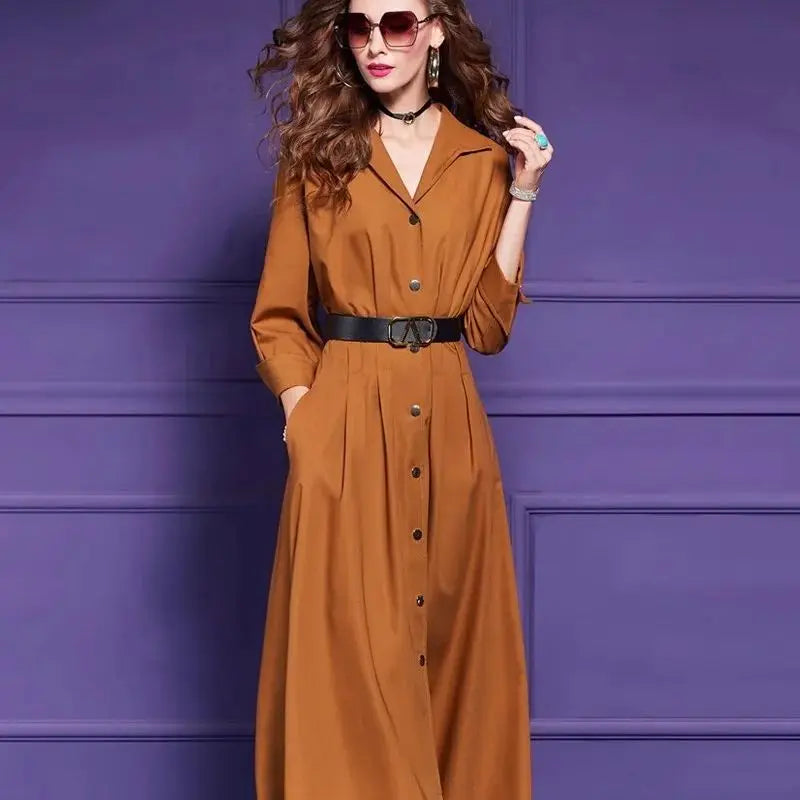🍒French shirt dress elegant button up outfit women with belt spring autumn solid color fashion single breasted midi Bark Up The Right Tree And Pick An Orange