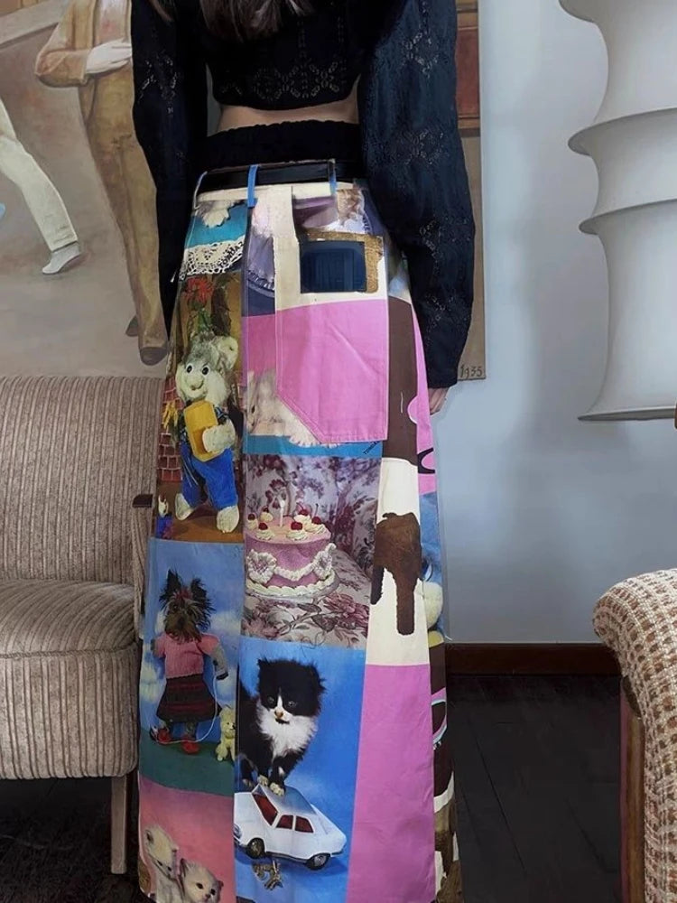 🍒Cartoon maxi skirt high waist long design aesthetics printed clothes for women spring summer fashion cute vintage style smart casual clothing Get Blown Away With This Candle Cake skirt