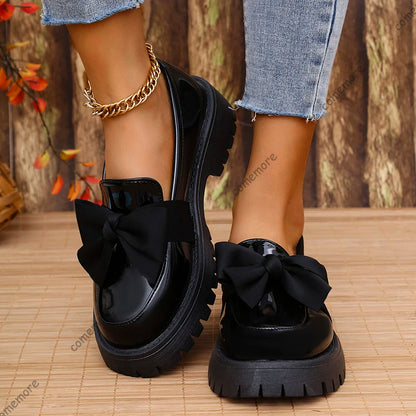 🍒Bow shoes for women's smart casual platform loafers fashion wine red patent leather footwear comfort slip on flat pumps plus size available Bob Along Bows