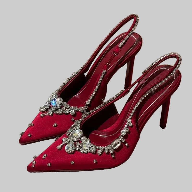 🍒Diamond satin slingback heels womens pointed toe pumps elegant stiletto high heels occasion shoes wedding party dress shoes 'Whine In Your Wines