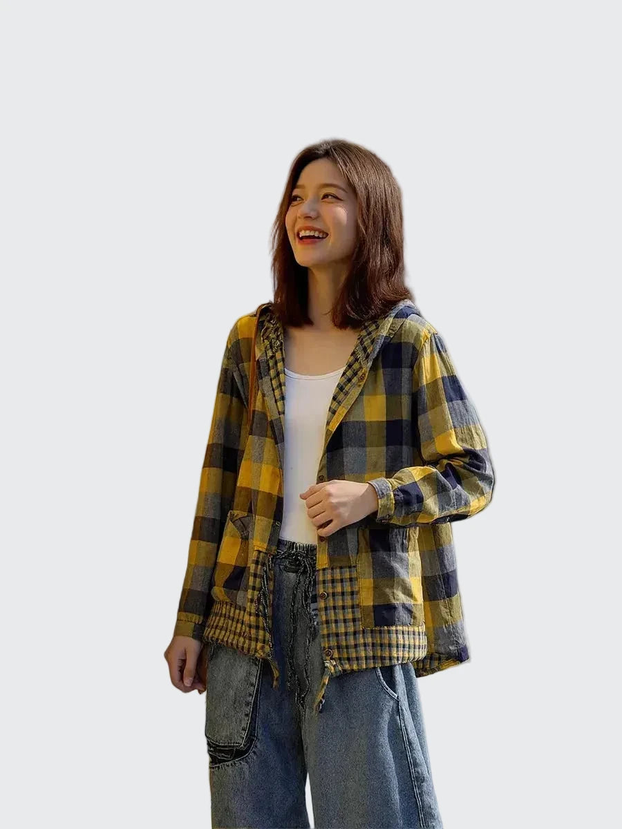 🍒Plaid pocket hood jacket top shirts check blouses spring summer fashion casual wear women check clothing outdoor style cheeky chic check