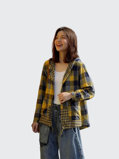 🍒Plaid pocket hood jacket top shirts check blouses spring summer fashion casual wear women check clothing outdoor style cheeky chic check