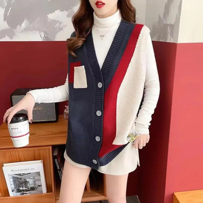 🍒Knitted v-neck vest colour  block waistcoat women sweater sleeveless cardigan pullover for women Flag Your Style