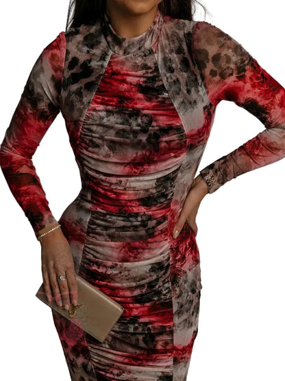 🍒Printed mesh long dress women party wear multicolour outfit fold design slim fit long sleeve maxi o-neck occasion wear party wear outfit Drooly Drape