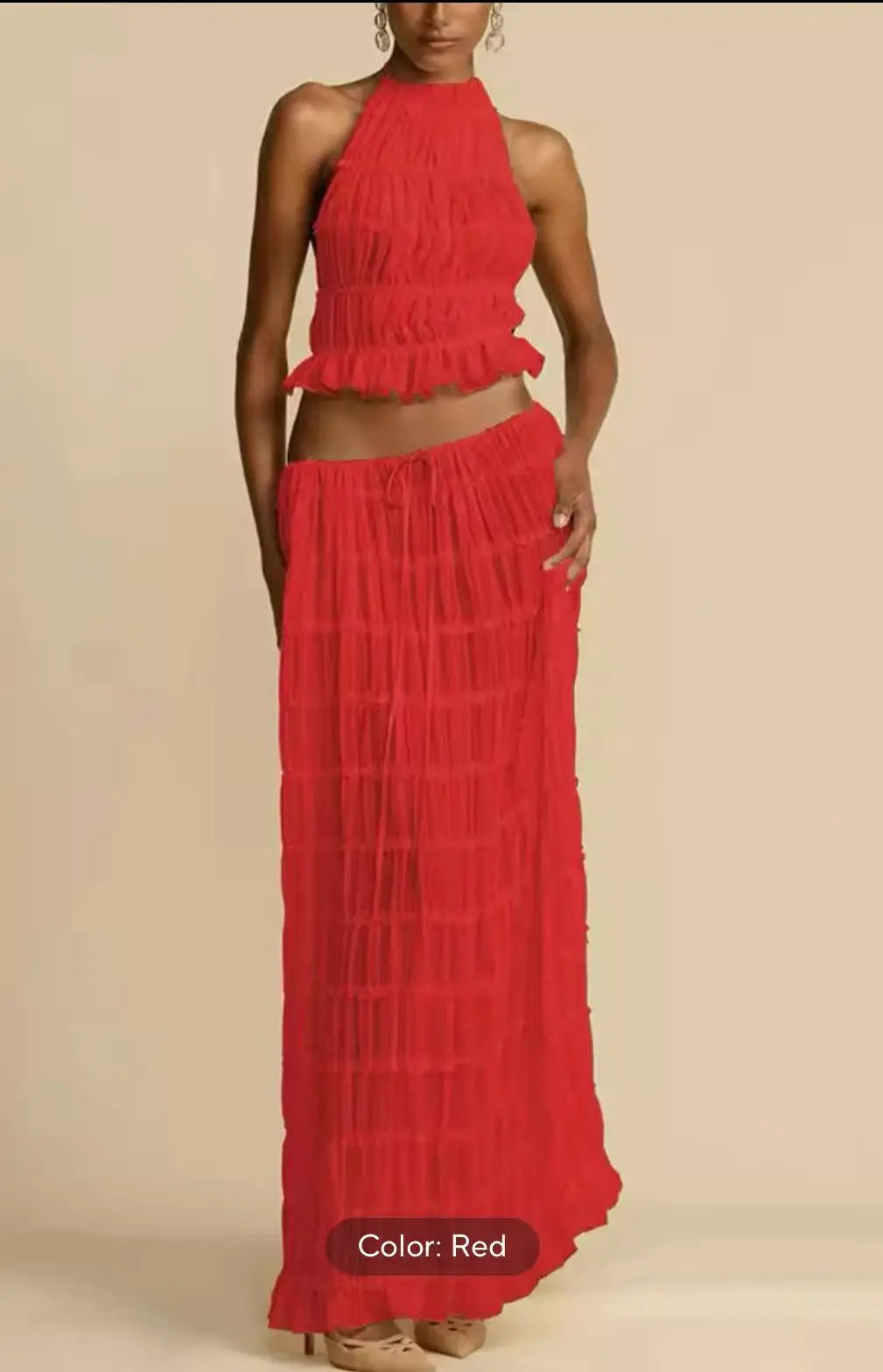 🍒Casual outfit long skirt maxi and sleeveless backless tops for women high waisted long straight skirt beach chic suit  Lovely Ruchie Rufflie