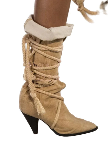 🍒Retro boots cross-tied shaped heel solid brown pointed toe shoes lace-up fringe mid-calf boots women fashion footwear Retro Roads