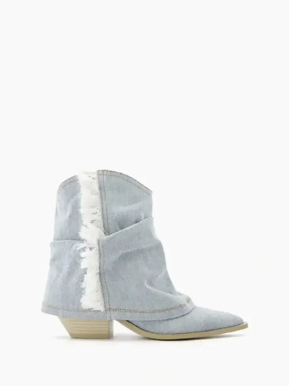 🍒Pointy toe ankle boots blue denim canvas shoes casual cloth booties for women comfortable western boots Cool Cowboy