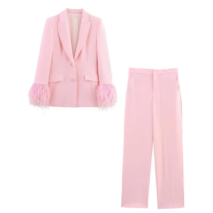 🍒Women's pink blazer sets lapel  collar long sleeve coat jacket single-breasted and chic pocket zip pants high waist party occasion wear Floss In Candy