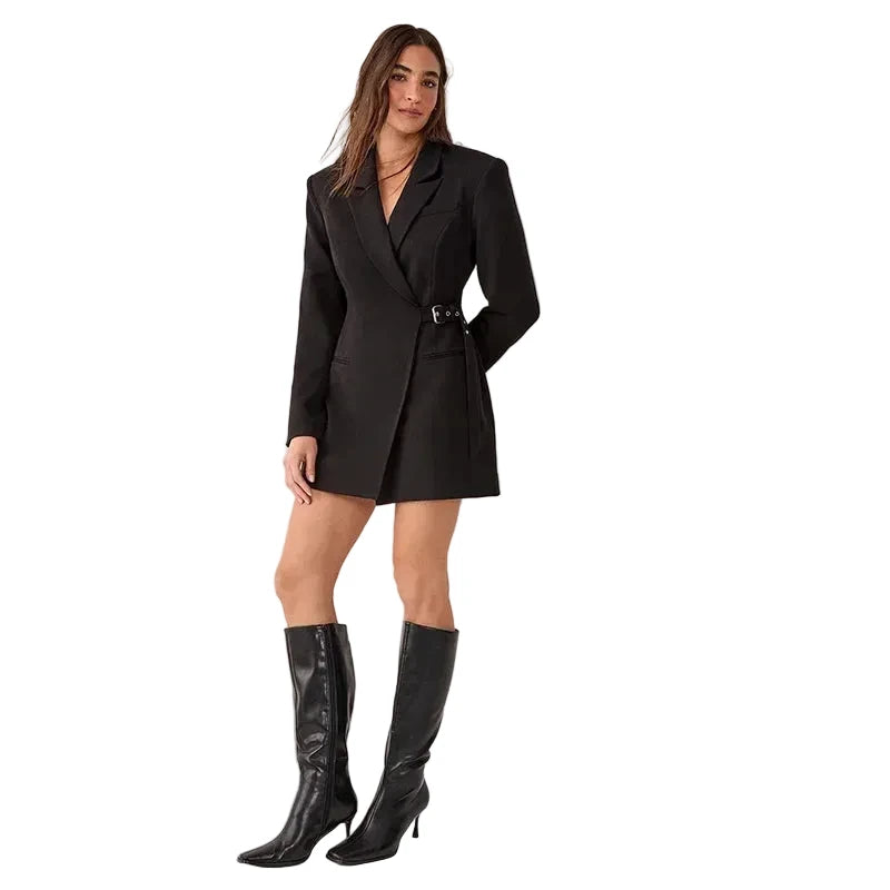 🍒Collar blazer dress womens dress with belt urban Waist-fit side belt design chic clothing for women pocket full sleeve solid dresses  Nip Fit Slick Chic