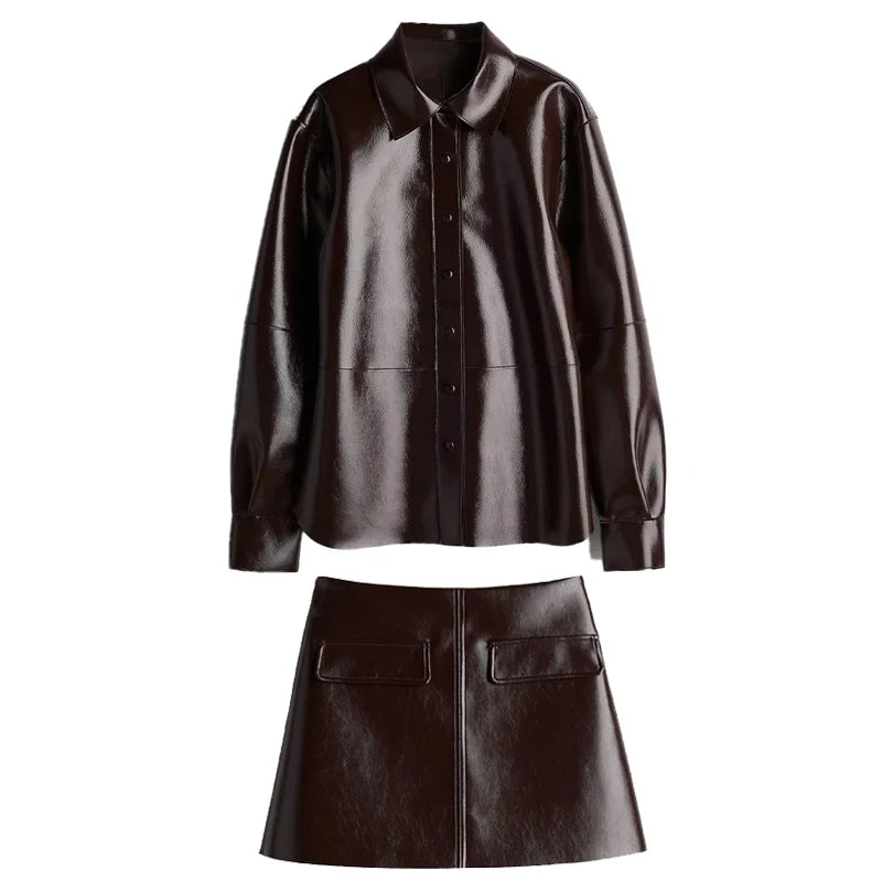 🍒Leather short skirt set women Y2K long sleeve pu jacket and mini skirt suits women's high street fashion smart casual outfits