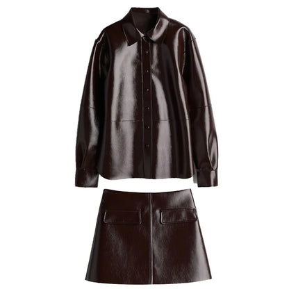 🍒Leather short skirt set women Y2K long sleeve pu jacket and mini skirt suits women's high street fashion smart casual outfits
