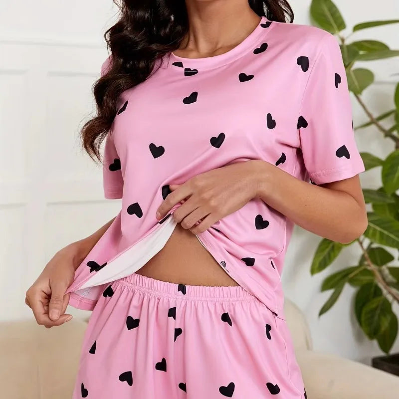🍒Women's Love heart sleepwear set print knit fashion soft short sleeve top and shorts sleepwear set for comfortable home wear lounge wear Light Hearted Fun