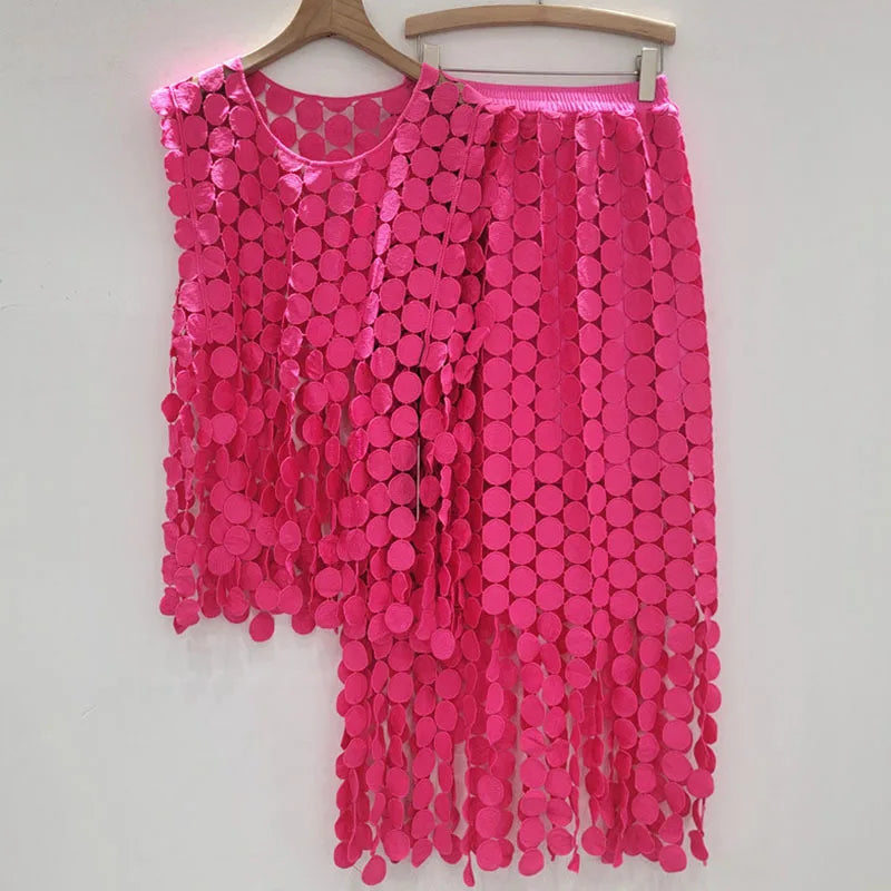 🍒Summer two-pieces set loose  lace vest and high waist elastic skirt smart casual women female occasion wear party outfit Get A Lot Dot