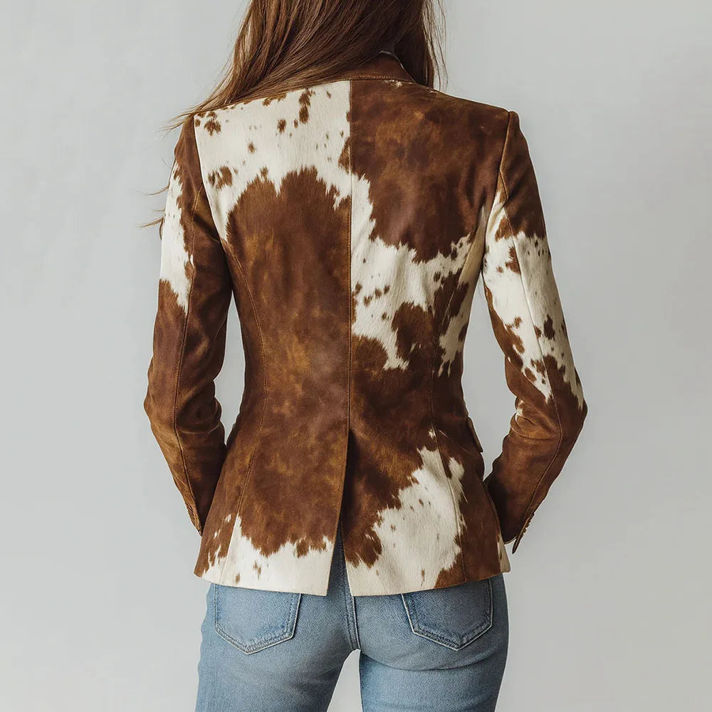 🍒Casual Jacket for women  fashion brown animal print long sleeve jacket lapel styles and stand up collar slim blazer suits smart casual Cute Cow
