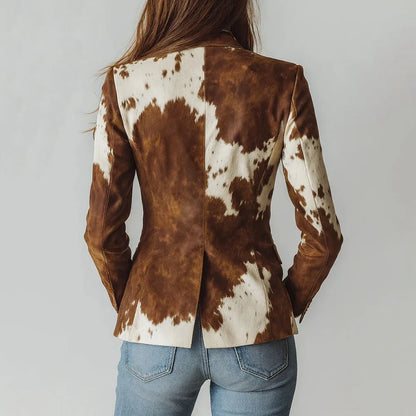 🍒Casual Jacket for women  fashion brown animal print long sleeve jacket lapel styles and stand up collar slim blazer suits smart casual Cute Cow
