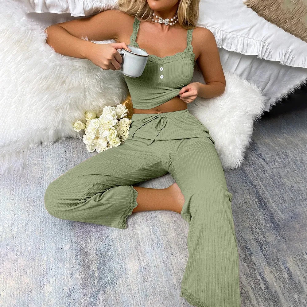 🍒Women's two-piece pyjama set with solid color lace edge camisole top and pants nightwear soft and cozy loungewear Comfy Cool