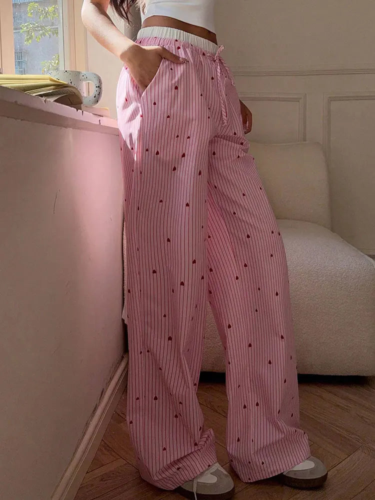 🍒Women's striped summer trousers streetwear fashion love heart print ladies pants tie waist casual trousers pink sweet Female fashion clothing Cool Out In Cotton candy