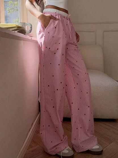 🍒Women's striped summer trousers streetwear fashion love heart print ladies pants tie waist casual trousers pink sweet Female fashion clothing Cool Out In Cotton candy