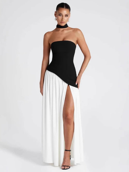 🍒Strapless high slit dress sleeveless design backless long summer dress black and white outfit women contrast evening wear party gowns Smashing Slash