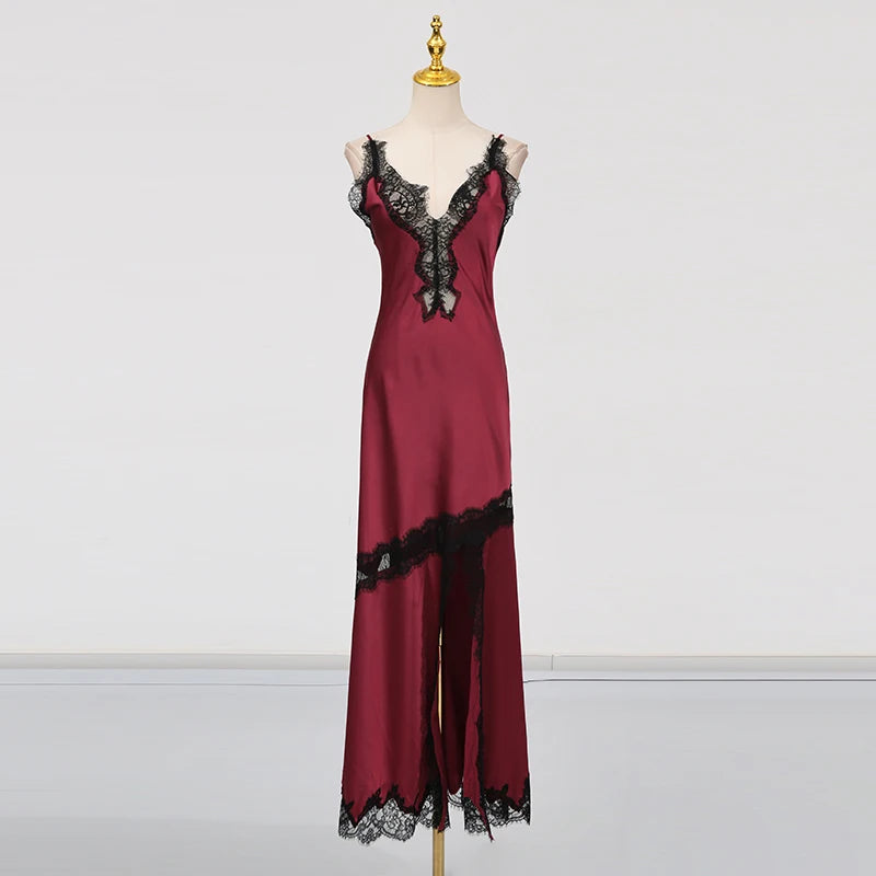 🍒Colour block lace dress sheer lace clothing for women long outfit v-neck sleeveless High wasit slim split dresses Female occasion wear party wear You wont be UNDER impressed with this FASHION  WEAR