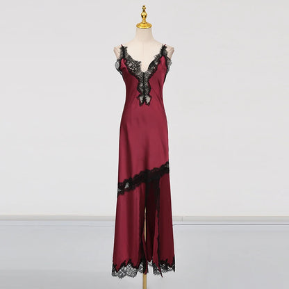 🍒Colour block lace dress sheer lace clothing for women long outfit v-neck sleeveless High wasit slim split dresses Female occasion wear party wear You wont be UNDER impressed with this FASHION  WEAR