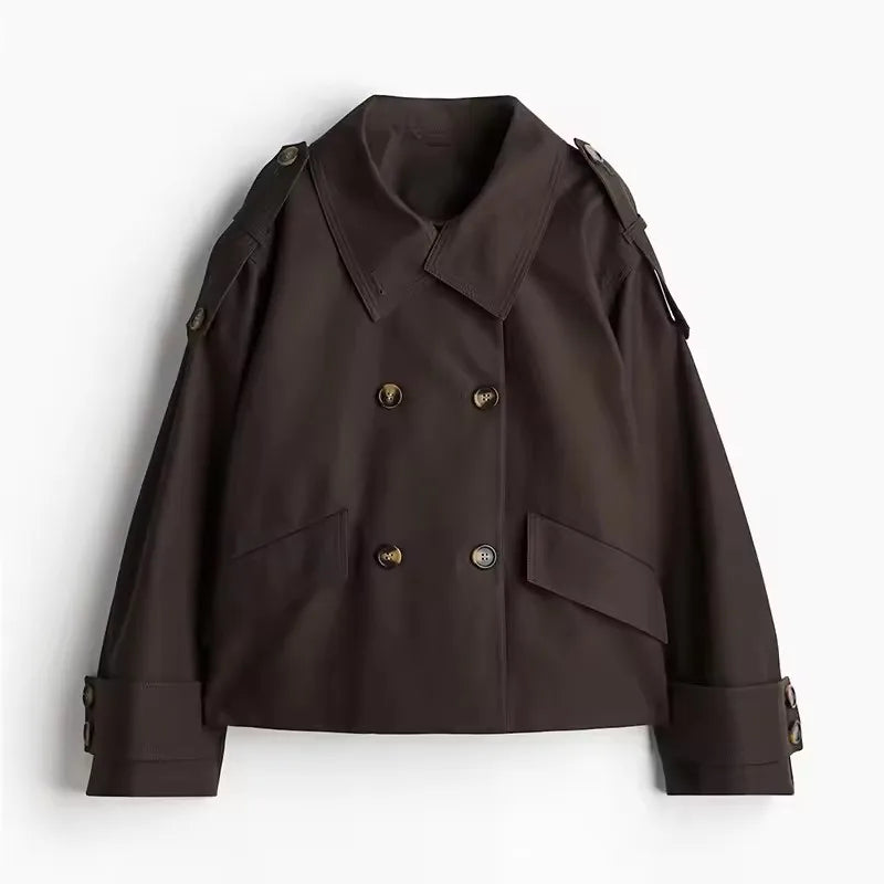 🍒Vintage double breasted trench commuter coat women loose long sleeve Jacket spring autumn elegant stand collar outerwear