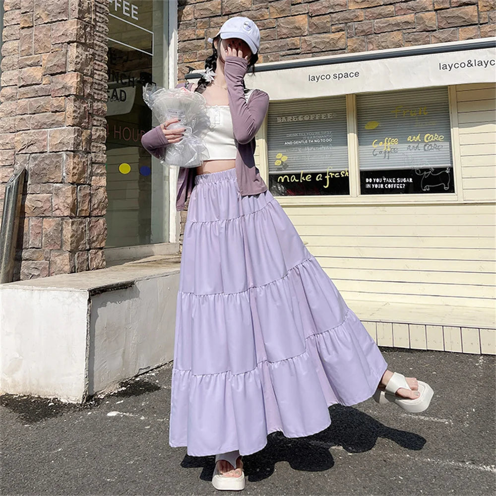 🍒Womens long skirts vintage sweet skirt high waist female fashion clothes maxi girly pink black loose jersey a-line umbrella maxi skirt  Carry This Umbrella