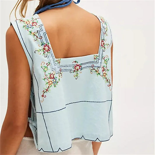 🍒Flower embroidery tank top for women sleeveless square neck vest holiday wear for women feminine summer wear chic streetwear