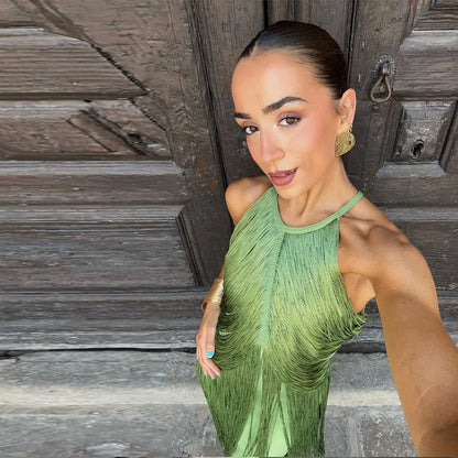 🍒Multi-layer tassel dress women's solid o-neck sleeveless cocktail dress elegant female fashion ball party outfit occasion wear club wear holiday beach party wear No Tossle Tassle