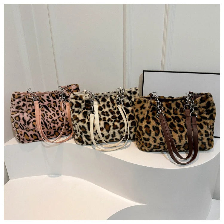 🍒Leopard print tote bag large capacity over shoulder bag fur shopper bag women's faux fur handbags for college Carry Animal