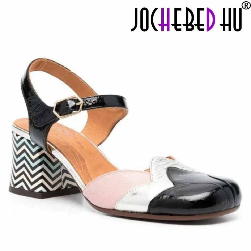 🍒Genuine leather chunky heels sandals womans pump sandals buckle ankle strap shoe open back wedding guest 33-46 shoes smart casual occasion footwear Chuck In Your Chunks