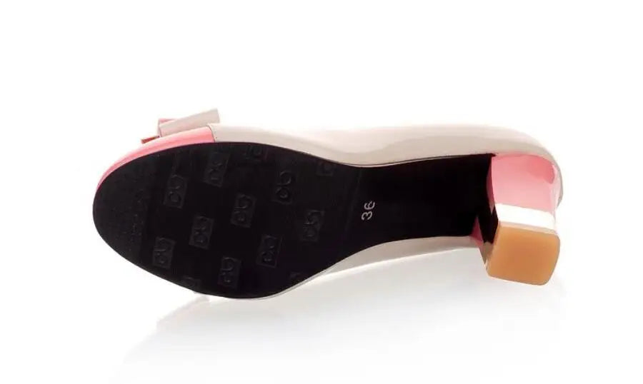 🍒Colour block heels women's thick high shoes with bow on them pastel footwear for occasion party pumps pink and others Size 34-43 Treat Your Self To These Sweets