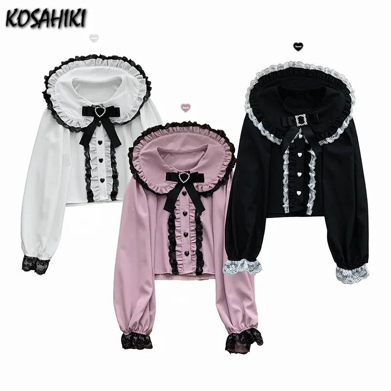 🍒Lace design crop top women's short blouses Y2k fashion bow ruffle shirt feminine fashion smart casual clothing Perfect Partying Peter Pans