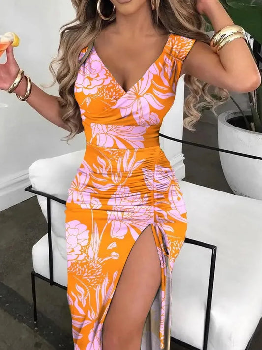 🍒Summer print dress fashion smart casual clothes for women elegant v-neck sleeveless bodycon dress with split front beach party wear Print Your Summer Print