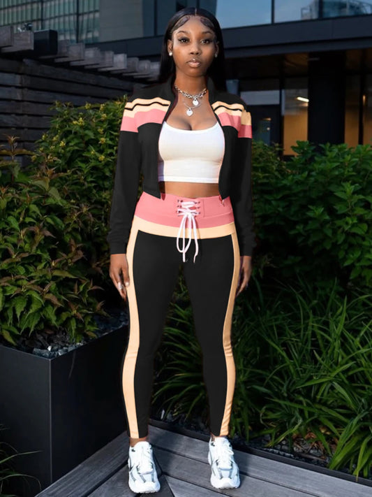 🍒Fashion tracksuit 2 piece set colour block fashion long sleeve Jacket with zipper and sporty pants for women fitness gym outfit female casual clothes Sport Colour
