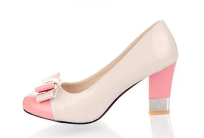 🍒Colour block heels women's thick high shoes with bow on them pastel footwear for occasion party pumps pink and others Size 34-43 Treat Your Self To These Sweets