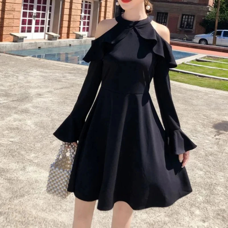 🍒Chic long sleeve black dress for women sensual trend cold shoulder fashion summer clothing elegant pretty a-line dress party wear designer outfit Hot It In A-Cold Shoulder