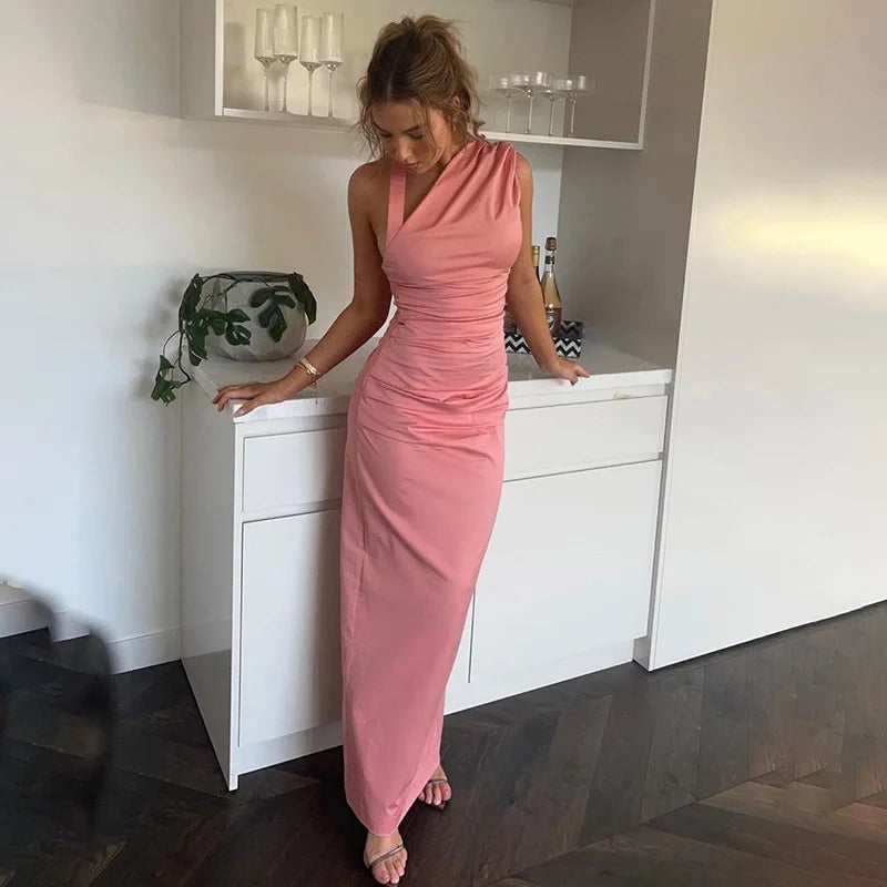 🍒Slanted neckline dress halter long dress female summer fashion ruched backless dress bodycon with back slit women's holiday party dress